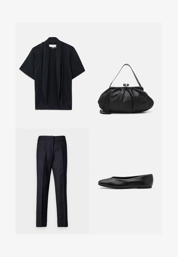 Mustatyylinen lyhythihainen t-paita, jossa on laskeutuva huiviyksityiskohta kaula-aukossa. Pehmeä kangas, rento istuvuus ja löysä siluetti.; Laivastonsiniset räätälöidyt housut, joissa on sileä pinta, tasainen etuosa, kaksinkertaiset laskokset ja vyölenkit. Suora lahje, viimeistelty helma.; Paul Smith TOPANGA - Ballerinat - black; Musta nahkalaukku, jossa on pyöreä, poimutettu muotoilu. Varustettu metallisella lukolla, jossa on kaksi koristepalloa ja ohut, irrotettava olkahihna.