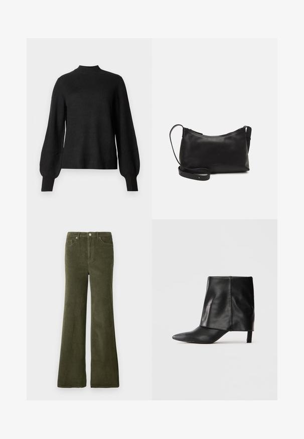 Fekete, hosszú ujjú kötött pulóver ribbed utánzatú garbónyakkal, mandzsettákkal és aljjal, enyhén puffos ujjakkal és fitted sziluettel.; Olajzöld kordbársony harangnadrág sima textúrával, elülső zsebekkel és fém gombos derékzárral.; Fekete bőrből készült, középmagas szárú csizma, hegyes orral, hajtott felső résszel és karcsú, alacsony sarokkal, fehér háttér előtt.; Fekete bőr válltáska sima felülettel, ívelt formával, állítható pánttal és cipzáras záródással. Minimalista dizájn díszítmények nélkül.