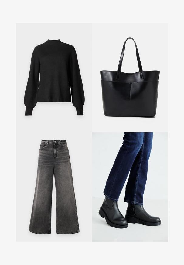 Črni dolg rokav pleteni pulover z rebrastim ovratnikom, manšetami in robom, z rahlo napihnjenimi rokavi in prilegajočo silhueto.; Široke črne jeans hlače z izbrisanimi detajli, petimi žepi in gumbom na pasu, z zaključenimi šivi.; Črne usnjene gležnjarje z debelim podplatom in stranskimi elastičnimi paneli, v kombinaciji s temno modrimi kavbojkami. Tla so svetle barve.; Črna usnjena torba z dvema dolgima ročajema, gladko teksturo in strukturirano obliko. Ima sprednji žep za dodatno shranjevanje.