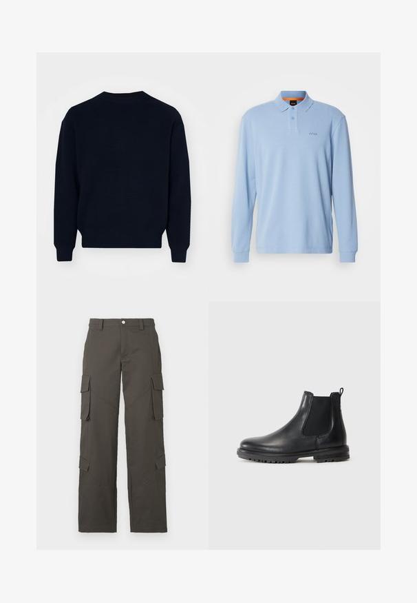 Sötétkék pulóver bordázott textúrával, kerek nyakkivágású és hosszú ujjú. Egyenes szegéllyel és minimalista dizájnnal rendelkezik, látható logók nélkül.; Világoskék, hosszú ujjú pólóing strukturált anyagból, gallérral és két gombbal, az elején hímzett "BOSS" logóval.; Sötétszürke egyenes szárú cargo nadrág gombos záródással és négy hajtókás zsebbel, kettő a combon és kettő a vádlinál.; Fekete bőr Chelsea csizma elasztikus oldalsó panelekkel, húzófüllel, kerek orral és strapabíró talppal, amely tapadóbarázdákkal rendelkezik.