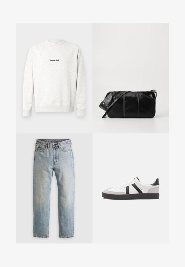 Lichtgrijze crewneck sweatshirt gemaakt van zachte stof, met een klein zwart 'Originals Studio' logo op de voorkant en geribde manchetten.; Lichtblauwe denim jeans met hoge taille, frontknop, rits en vijfzakkenontwerp, plat gelegd op een neutrale achtergrond.; Witte sneaker met zwarte en grijze accenten, voorzien van een grijze neus met textuur, zwarte rubberen zool en platte witte veters. Schoon ontwerp, minimalistische stijl.; Zwarte leren schoudertas met een ritsluiting, voorzien van een gestructureerd lichaam, witte stiksels en een band met zilveren oogjes.