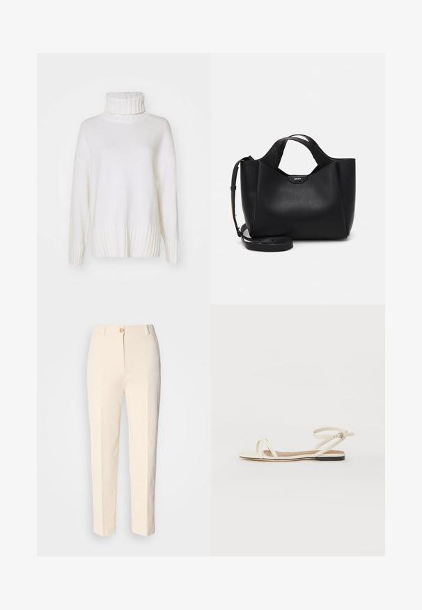 Valge kõrge kaelusega sviiter, mis on valmistatud pehmest kudumist. Omab ribakujulist tekstuuri krael ja allservas, koos langenud õmblusega.; Kreemikas värvi kõrge vöökohaga püksid, mis on valmistatud tekstureeritud kangast. Omab esFront nuppude sulgemist ja kitsenevaid jalgu.; Kreemivärvi nahast lamedad sandaalid õhukeste ristiliste rihmadega, pahkluu rihm lukuga, minimalistlik disain ja kontrastne must põhja.; Must musta kott mustadest nahast tekstureeritud pinnaga, nurgeline kuju, kahe käepidemega ja reguleeritava õlašliipiga. Sisaldab DKNY logo aktsenti.