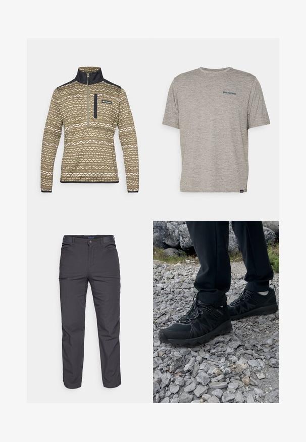Pullover castanho com fecho éclair e padrão geométrico em creme, apresentando um colarinho alto e detalhes em azul marinho nos ombros e no bolso do peito.; Camiseta cinza de manga curta feita de um tecido suave e texturizado, com um pequeno logo azul da Patagonia no lado esquerdo do peito. Sem padrões adicionais.; Calças cinza-escuras feitas de um tecido durável, com um bolso com fecho éclair, corte reto e passantes para cinto para um ajuste ajustável.; Sapatos pretos para exterior, feitos de material em malha e sintético, com um cabedal texturizado, sistema de atilho seguro e uma sola robusta, sobre terreno rochoso.