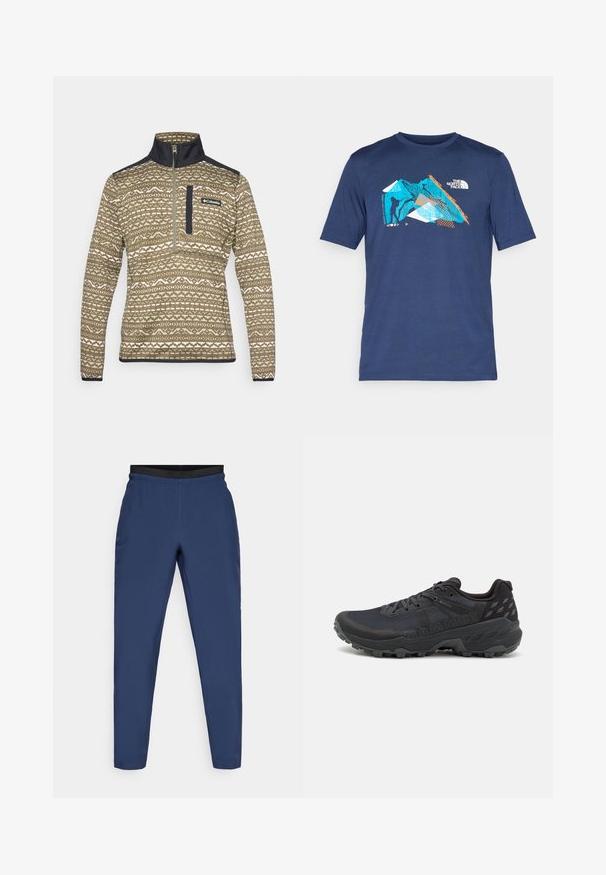 Barna cipzáras pulóver, krémszínű geometrikus mintával, magas gallérral és tengerészkék kiegészítőkkel a vállakon és a mellzsebben.; Tengerészkék, rövid ujjú póló, puha anyagból készült, grafikai tervezéssel, kék, narancssárga és fehér árnyalatokkal, amely hegyeket és egy mászót ábrázol.; Tengeri kék atlétikai nadrág, könnyű anyagból készült. Elasztikus fekete derékrésszel és fokozatosan szűkülő lábformával rendelkezik, minimális varrási részletekkel.; Fekete terepfutó cipők, texturált hálós felsőrésszel és gumitalppal; jellemzőik között szerepel a fűző, párnázott boka rész és logó részletek.