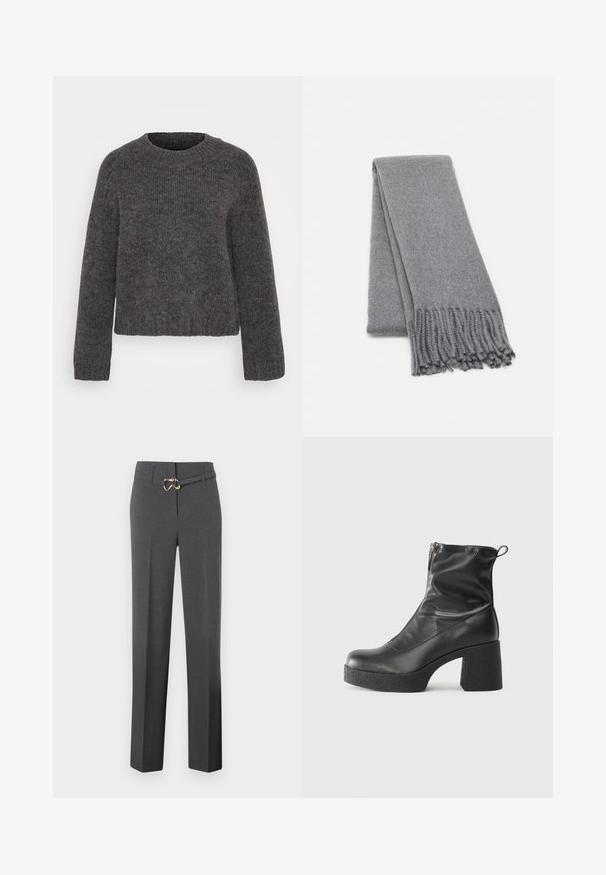 Pulover gri tricotat cu guler rotund, mâneci lungi și terminații și margine din tricot elastic. Textura pare moale iar materialul este ușor marmorat.; Pantaloni pentru femei de culoare gri închis, ajustați, cu pantaloni drepți și o curea subțire asortată, având o cataramă aurie.; Bocanci negri de glezna din piele netedă, cu fermoar lateral, toc texturat și masiv, și design cu vârf rotund.; Fular din lână gri cu o textură moale, având margini franjurate și un design simplu. Pliat cu grijă, scoțând în evidență forma sa alungită.