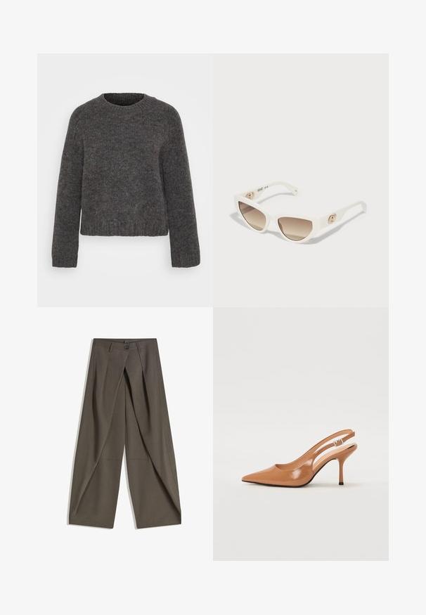 Pulover gri tricotat cu guler rotund, mâneci lungi și terminații și margine din tricot elastic. Textura pare moale iar materialul este ușor marmorat.; Pantaloni largi confecționați dintr-un material texturat, de culoare gri închis. Au un pliu frontal, închidere cu nasture și buzunare laterale pentru confort.; Pantofii cu toc slingback, cu vârful ascuțit, dintr-un material tan neted și strălucitor. Prezintă un design cu decupaj curbat și un toc subțire stil stiletto. Detaliu cu cataramă argintie.; Ochelari de soare alba pentru pisici cu forme de inima, având lentile gradiente maro, un detaliu de logo embosat pe lateral și un design elegant, unghiular.