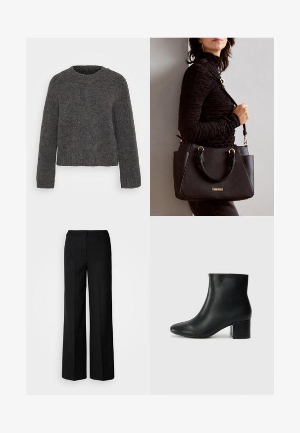 Grå strikket genser med rund halslinning, lange ermer og ribbestrikkede mansjetter og nederkant. Teksturen ser myk ut og stoffet er lett spraglete.; Svarte vide bukser med et glatt stoff, med høy livvidde, skreddersydde sømmer og et minimalistisk design. Ingen synlig maskinvare eller lommer.; Sorte skinn ankelsko med spiss tå og chunky hæl. Glatt tekstur med minimale detaljer og et elegant, tettsittende design.; Svart håndveske med teksturert overflate, doble topphåndtak og justerbar skulderrem. Har detaljer i gulltone og sidelommer.