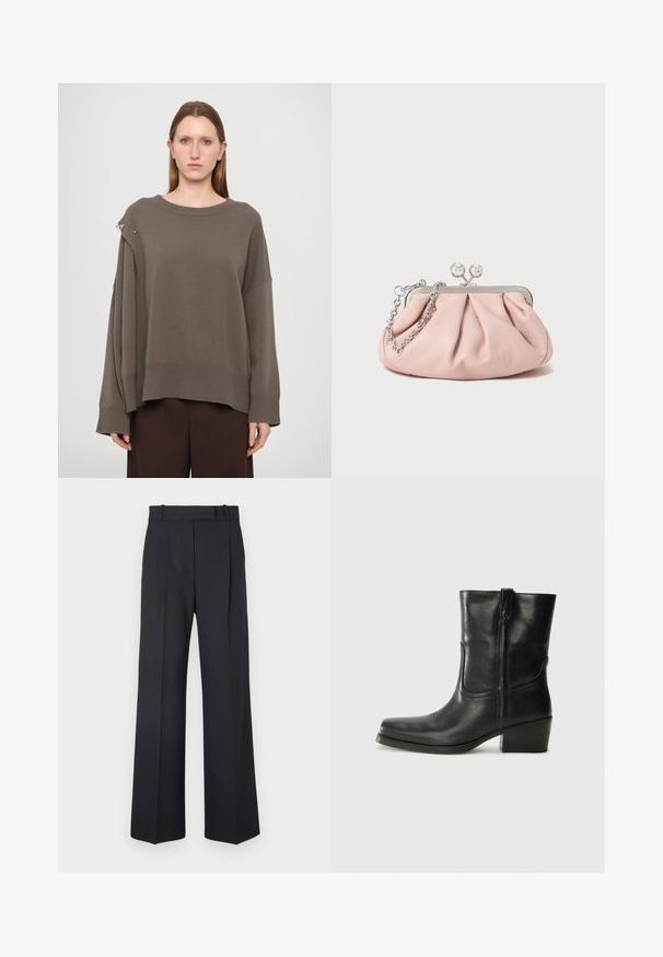 Ruskea ylisuurilla hihoilla varustettu neulepaita, jossa on ribattu pääntie, leveä kaula-aukko ja hopeinen yksityiskohta olkapäällä. Pehmeä neulepinta.; Tummansiniset raidalliset housut, joissa on korkea vyötärö, leveät lahkeet ja ei näkyviä metalliosia tai koristeita. Sileä pinta ja räätälöity istuvuus.; Musta nahkasaapas nilkkamittaisella varrella, pyöreällä kärjellä, lohkarekorolla, sivuvetoketjulla ja ompeluaksentilla varren yläosassa. Suora pinta, klassinen muotoilu.; Vaaleanpunainen nahkakuuloket pursotettu muotoilun laukku, metallirunko, kaksi pyöreää lukkoa ja hopeaketjuolkaimet. Sileä pinta, kompaktin muotoinen.