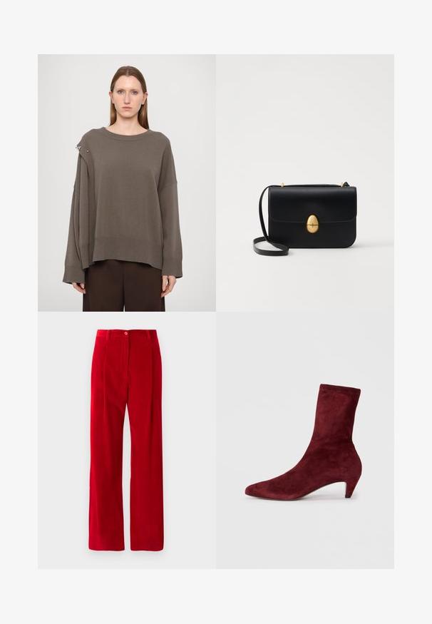 Brūns liels džemperis ar garām piedurknēm, ribotām aprocēm, plašu kakla izgriezumu un sudraba akcentu uz pleca. Mīksta dzijas faktūra.; Sarkana korduroja bikses ar taisnā kāju griezumu, jostas cilpiņām, priekšējo pogu un rāvējslēdzēju uz balta fona.; Burgundijas zamša potīšu zābaki ar norādīto purngalu un zemu papēdi. Gluda tekstūra un pieguļošs dizains bez redzamām detaļām vai rakstiem.; Melnas ādas rokassomu ar strukturētu taisnstūra formu. Iespējas zelta ovāla slēdzis un plāns plecu siksna. Gluda tekstūra.