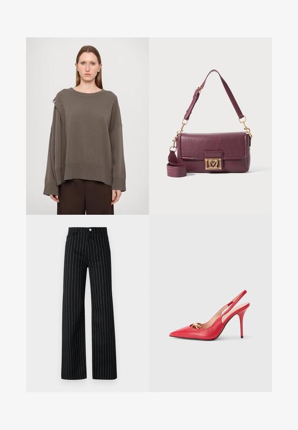 Rudas per didelį dydį megztinis su ilgomis rankovėmis, raukšlėtomis apykaklėmis, plačia iškirpte ir sidabriniu akcentu ant peties. Minkšta megztinė tekstūra.; Juodos plačios kelnės su vertikaliomis mėlynomis juostelėmis, su klasikiniu penkių kišenių dizainu ir priekiniais mygtukais.; Raudoni odiniai aukštakulniai batai su iškirpta lista, smailiu pirštu, auksinėmis detalėmis ir blizgiu paviršiumi. Siūlo išpjautas šonus ir stileto kulną.; Tamsiai violetinė odinė peties kuprinė su auksiniu širdies formos užsegimu ir reguliuojamu viršutiniu dirželiu ant baltos fono.