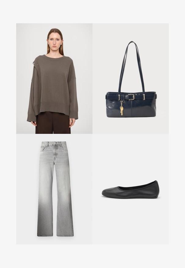 Barna, oversize pulóver hosszú ujakkal, bordás mandzsettákkal, széles nyakkivágással és ezüst díszítéssel a vállon. Puha kötött textúra.; Szürke farmer széles szárú nadrág, magas derékkal, elhalványodott textúrával, öt zsebből és cipzáros gombos záródással.; Fekete bőr balettcipő lekerekített orral, sima tekstúrával, minimális varrással és rugalmas talp kialakítással.; Sötétkék bőr kézitáska két hosszú fogantyúval, csattal díszítve és kulcstartóval. Simává polírozott textúrával és téglalap alakú dizájnnal rendelkezik.