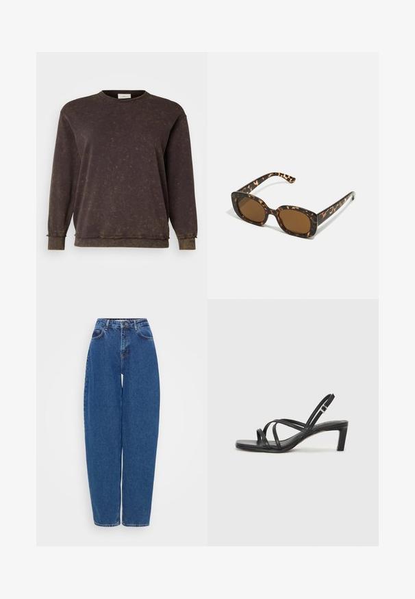 ONLY Carmakoma CARLEONI LIFE O NECK  - Sudadera - black coffee washed; Jeans de mezclilla azul con un ajuste holgado, cintura alta y diseño de pierna recta. Cuenta con costuras tradicionales y cinco bolsillos.; Sandalia negra de tiras con punta cuadrada y tacón bajo de bloque. Presenta múltiples tiras delgadas y una correa ajustable en el tobillo. Fabricada en cuero suave.; Gafas de sol de carey con un marco redondeado y robusto y lentes marrones. Presentan patrones sutiles y brazos rectos y cónicos.; Bolso tote de ante marrón con asas largas, que presenta un cuerpo plano y una correa decorativa con un acento de herrajes en tono plateado.