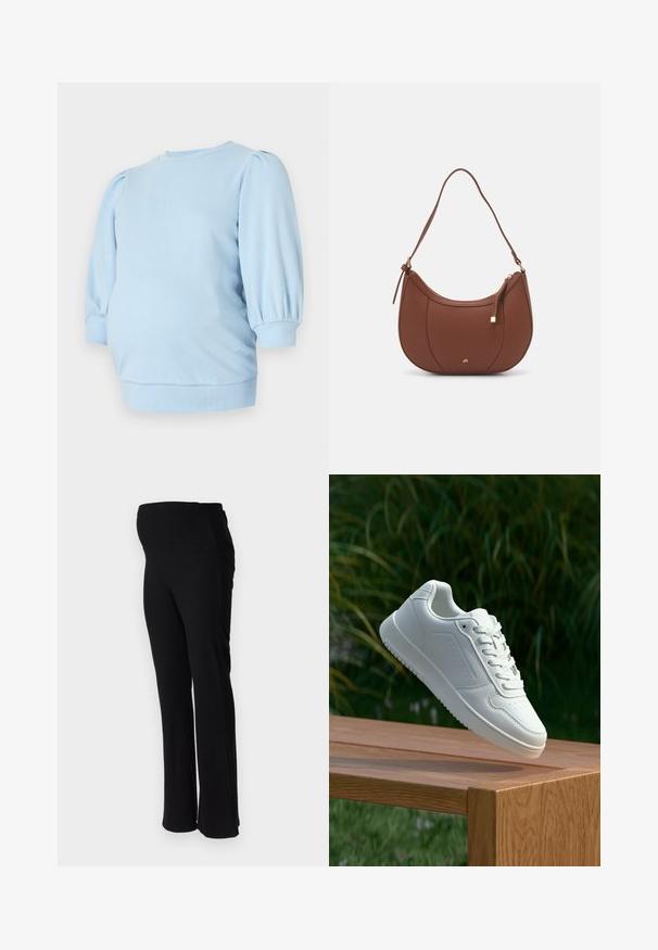Lys blå graviditetsgenser med puffer korte ermer, rund halsutringning og tettsittende bunnsøm. Mykt, elastisk stoff.; ONLY MATERNITY OLMHALLE - Bukse - black; Hvite sneakers med en glatt syntetisk overdel, perforert tåboks, flate snørebånd og en teksturert såle, vist på en treflate.; Brun kunstlæder skuldertaske med buet form, minimal syning og detaljer i guld-tonet hardware. Har en top lynlås lukning og justerbar rem.