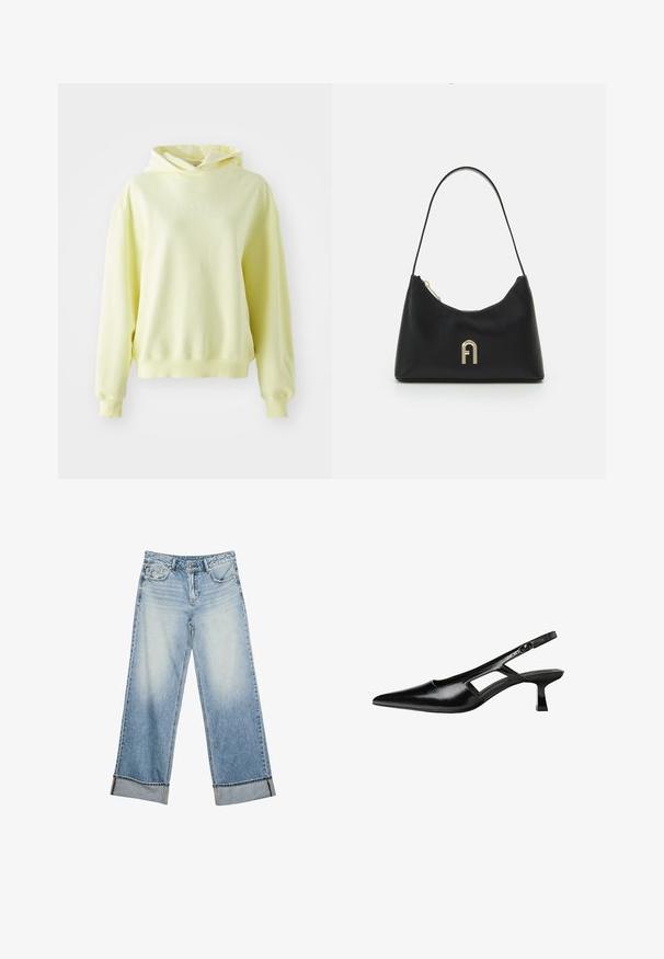 Felpa gialla in cotone con una vestibilità casual, dotata di tasca a marsupio e logo testuale minimale sul petto. Texture morbida, polsini e orlo a coste.; Jeans a gamba larga in denim azzurro chiaro con una finitura sbiadita, caratterizzati da chiusura con bottone, passanti per la cintura e orli arrotolati. Due tasche frontali visibili.; Tacchi slingback in pelle verniciata nera con punta affusolata, design con tagli laterali e tacco quadrato piccolo. Texture liscia con dettagli minimi.; Borsa nera realizzata in materiale liscio, con una forma curvata, una sola tracolla e un accento in logo color oro sulla parte anteriore.