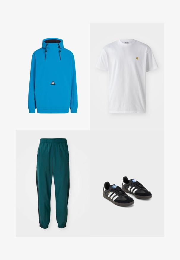 Mėlynas vandeniui atsparus švarkas su gobtuvu, elastinėmis rankovėmis ir priekinėmis kišenėmis. Krūtinėje yra trikampis logotipas. Glynus paviršius.; Balta medvilnės marškinėliai su trumpomis rankovėmis, apvalia iškirpte, kuriuose kairėje krūtinės pusėje yra mažas auksinis logotipas. Minkšta tekstūra ir reguliari forma.; Žalios sportinės kelnės su raišteliu juosmenyje, elastiniais rankogaliais ir šoninėmis juodomis juostomis. Pagamintos iš lengvos medžiagos, su logotipu šalia klubų.; Juodi sportiniai bateliai su zomšos ir sintetine viršutine dalimi, turintys tris baltas juosteles, tekstūruotą gumos pado paviršių ir mėlyną logotipo etiketę ant liežuvėlio.