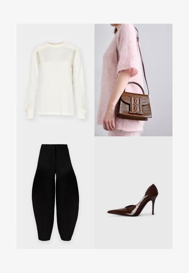 Pitkähihainen paita, joka on valmistettu kevyestä kermansävyisestä kankaasta. Paita on varustettu pyöreällä kaula-aukolla, hienovaraisilla sivuleikkauksilla ja ribbailla hihansuilla. Pehmeä tekstuuri koko paitoissa.; Mustat leveälahkeiset housut, joissa on korkea vyötärö, pleatattu etuosa ja kapenevat nilkat. Valmistettu sileästä kankaasta, jossa on matta pinta.; Korkeakorkoiset ruskeat patenttijalkineet, joissa on terävä kärki ja aukot sivuilla, ohut korko ja sileä pintakäsittely.; Ruskea krokotiili-illalla kuvioitu käsilaukku, jossa on päällikahva ja olkahihna. Etu-läpän päällä on näkyvä logo. Pehmeä tekstuuri.