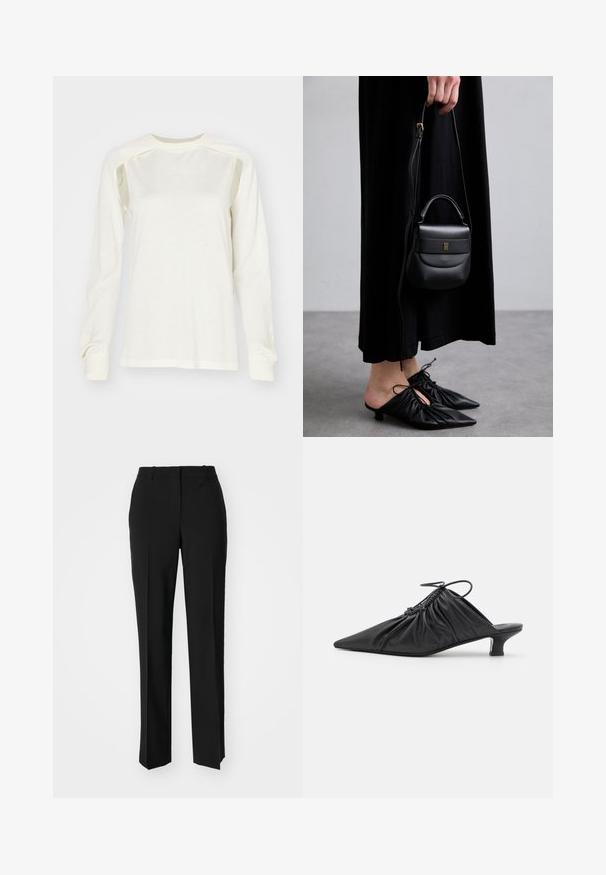 Long-sleeve shirt made of lightweight cream fabric, featuring a round neck, subtle side cutouts, and ribbed cuffs. Soft texture throughout.; Black tailored trousers with a straight-leg design, featuring a smooth texture and crisp creases along the front. No visible hardware.; Black leather slip-on mules with a pointed toe, gathered texture, and a small kitten heel. Features a drawstring detail at the opening.; Small black leather handbag with a rounded shape, top handle, and removable strap. Worn with black fabric dress and black pleated shoes.; Gold-tone hoop earrings with a twisting design, featuring a ribbed texture and a smooth finish. Lightweight and hollow construction.