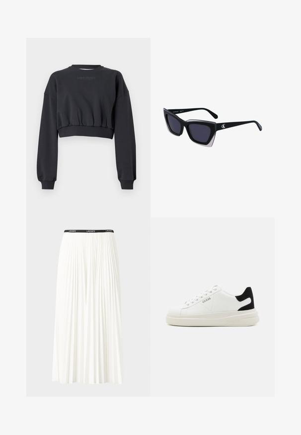 Maglione corto nero con scollatura e polsini a coste. Testo "CARLO COLUCCI" stampato in modo sobrio in grigio. Texture liscia, maniche a vestibilità ampia.; Gonna bianca plissettata con elastico nero in vita che presenta il logo "LACOSTE". Design di lunghezza media con texture morbida.; Sneaker bianchi in pelle con suola spessa bianca, accento in suede nero sul tallone e logo impresso sul lato. Design con lacci e sei fori per i lacci.; Occhiali da sole oversize neri dalla forma geometrica, con lenti scure e un dettaglio grigio a contrasto sulla montatura. Logo sul braccio.