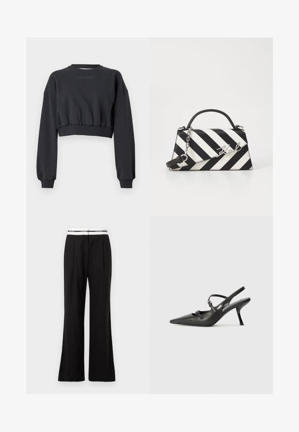 Crni skraćeni džemper s rebrastim izrezom i manžetama. Tekst "CARLO COLUCCI" suptilno otisnut u sivoj boji. Glatka tekstura, široki rukavi.; Crne hlače opuštenog kroja, s bijelim elastičnim pojasom s logotipom. Izrađene su od glatkog materijala s laganim sjajem.; Crne kožne štikle sa otvorenom petom, s uskim vrhom i dekorativnom kopčom na gornjem dijelu. Glatka tekstura i elegantan dizajn.; Crno-bijela prugasta torba s čvrstim oblikom, koja ima ručku na vrhu, odvojivu lančanu naramenicu i metalni logo akcent.