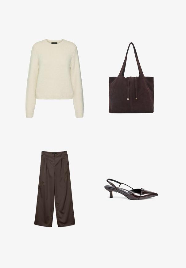 Biely pletený sveter s okrúhlym výstrihom, dlhými rukávmi a rebrovanými manžetami a lemom. Mäkka textúra a uvoľnený strih.; Široké nohavice v tmavohnedej tkanine s hladkým povrchom. Vlastnosti zahŕňajú plisovanie vpredu a štandardný pás.; Hnedé lakované lodičky na opätku so špicatou špičkou, malým blokovým opätkom, dizajnom s krížovým remienkom a dekoratívnou mašľou vpredu.; Mango Veľká kabelka - dark brown