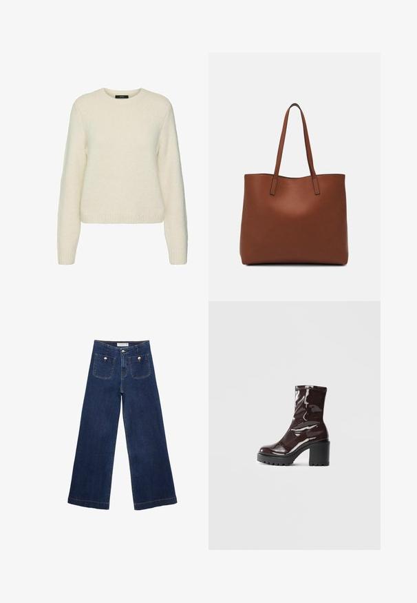 Maglione bianco lavorato a maglia con scollatura rotonda, maniche lunghe e polsini e orlo a costine. Texture morbida e vestibilità comoda.; Pantaloni in denim a gamba larga blu scuro, con due tasche anteriori decorate con bottoni e orlo dritto.; Stivale alla caviglia bordeaux lucido con un tacco spesso nero, caratterizzato da una superficie liscia e un design semplice. Nessuna chiusura visibile o motivo.; Borsa tote in pelle marrone con texture liscia, design con apertura superiore e due spallacci. Presenta cuciture minime e nessun hardware visibile.