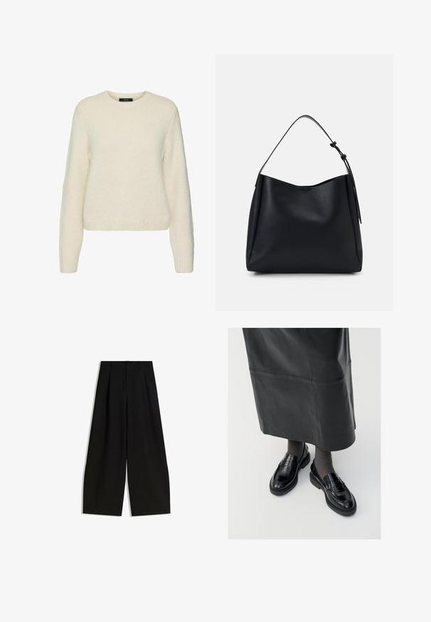 Bijela pletena majica s okruglim izrezom, dugim rukavima i rebrastim manžetama i donjim dijelom. Mekana tekstura i opušteni kroj.; Crne široke hlače izrađene od glatkog materijala, s visokim strukom, nabranim detaljima sprijeda i bez vidljivih ukrasa ili uzoraka.; Crne kožne mokasine s glatkom završnom obradom, s dekorativnom trakicom, okruglim vrhom i teksturiranom potplatom. Nosi se s dugom crnom kožnom suknjom.; Crna kožna hobo torba s jednim remenom za rame, glatke teksture, suženi vrh i minimalistički dizajn bez vidljivog hardvera.