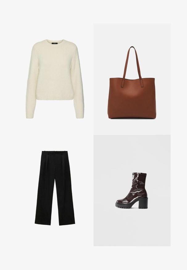 White knitted sweater with a round neckline, long sleeves, and ribbed cuffs and hem. Soft texture and relaxed fit.; Black wide-leg trousers with pleats, featuring a smooth texture and a high waist design. Minimalist style, no visible hardware or embellishments.; Glossy burgundy ankle boot with a chunky black heel, featuring a smooth texture and simple design. No visible fastenings or patterns.; Brown leather tote bag with a smooth texture, open top design, and two shoulder straps. Features minimal stitching and no visible hardware.