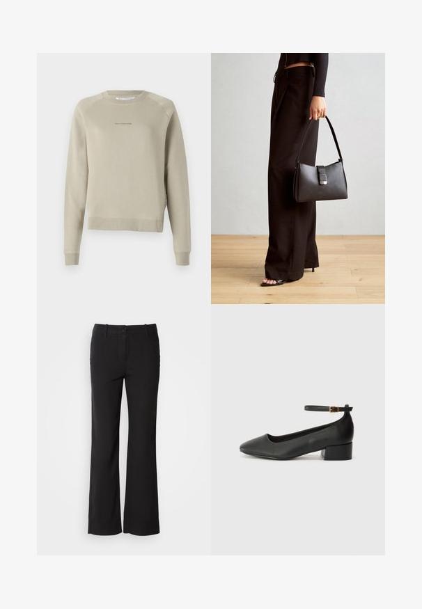 Hellgraues Sweatshirt mit langen Ärmeln, rundem Ausschnitt, Raglanärmeln und dezenten Logo-Details auf der Brust. Aus weichem Material gefertigt.; Schwarze Baumwollmischungshose mit geradem Bein, vorderem Knopfverschluss und zwei Seitentaschen. Glatte Textur, keine sichtbaren Muster.; Schwarze Lederpumps mit spitzem Zehenbereich und niedrigem Blockabsatz. Mit einem Knöchelriemen und einer goldfarbenen Schnalle. Glatte Textur.; Schwarze Handtasche mit strukturierter Form, glatter Textur und einem metallischen Verschluss. Kombiniert mit weiten schwarzen Hosen und offenen Sandalen auf einem Holzboden.