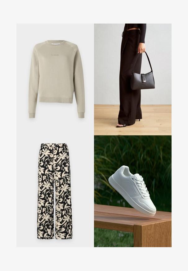 Svetlo šedý, dlhý rukáv, mikina s okrúhlym výstrihom, raglánovými rukávmi a nenápadným logom na hrudi. Vyrobená z jemného materiálu.; Čierne nohavice s širokými nohavicami a krémovým kvetinovým vzorom. Vyrobené z ľahkej látky, s hladkou textúrou a vysokým pásom.; Biele tenisky s hladkým syntetickým zvrškom, perforovanou špičkou, plochými šnúrkami a textúrovanou podrážkou, vystavené na drevenej ploche.; Čierna kabelka so štruktúrovaným tvarom, hladkou textúrou a kovovou sponou. V kombinácii so širokými čiernymi nohavicami a sandálmi s otvorenou špičkou na drevenej podlahe.