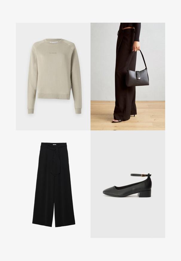Világosszürke, hosszú ujjú pulóver, kerek nyakkivágással, raglán ujjal, és finom logó részletezéssel a mellkason. Puha anyagból készült.; Fekete, bő szárú nadrág, texturált anyagból, rugalmas derékpánttal és levehető sállal a derekán, amely állítható illeszkedést biztosít.; Fekete bőr magassarkú cipő hegyes orral és alacsony tömb sarkal. Bokapánttal rendelkezik, aranyszínű csattal. Simább textúra.; Fekete kézi táska strukturált formával, sima textúrával és fémből készült záródással. Széles fekete nadrággal és nyitott orrú szandállal párosítva, fából készült padlón.