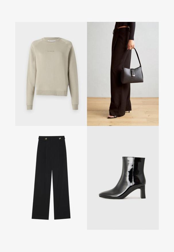 Hanorac gri deschis, cu mânecă lungă, guler rotund, mâneci tip raglan și detalii subtile cu logo pe piept. Fabricat dintr-un material moale.; Pantaloni negri cu picioare largi, talie înaltă, detalii cu butoane pe talie și pliseuri în față.; Botine negre din piele lacuită, cu vârful ascuțit și toc bloc de înălțime medie. Textură netedă și design minimalist.; Genți negre cu o formă structurată, textură netedă și un închizător metalic. Asortată cu pantaloni negri largi și sandale cu vârf deschis pe un podea din lemn.