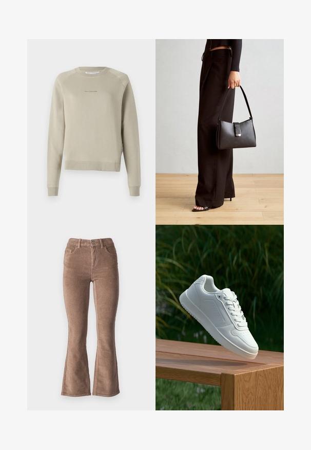 Svijetlosiva dukserica dugih rukava s okruglim izrezom, raglan rukavima i suptilnim logotipom na prsima. Izrađena od mekog materijala.; Smeđe kord pantolonas raširenog kroja s rebrastom teksturom, visokog struka, pet džepova i prednjim kopčanjem na dugme.; Bijela tenisica sa glatkim sintetičkim gornjim dijelom, perforiranim prednjim dijelom, ravnim vezicama i teksturiranom potplatom, prikazana na drvenoj površini.; Crna torba s oblikom koji sadrži strukturu, glađu teksturu i metalnu kopču. Uparena s širokim crnim hlačama i sandalama na otvorenom s drvenog poda.
