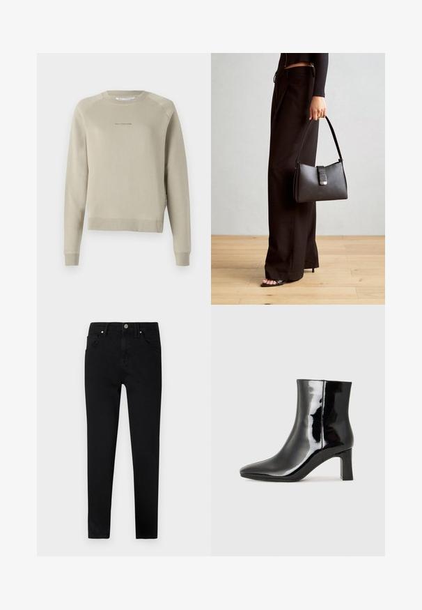 Light gray, long-sleeve sweatshirt with a round neckline, raglan sleeves, and subtle logo detailing on the chest. Made of soft material.; Black denim jeans with a slim fit, featuring a front button closure, belt loops, and classic five-pocket design. Smooth texture.; Black patent leather ankle boot with a pointed toe and a mid-height block heel. Smooth texture and minimalist design.; Black handbag with structured shape, smooth texture, and a metallic clasp. Paired with wide black pants and open-toe sandals on wooden floor.