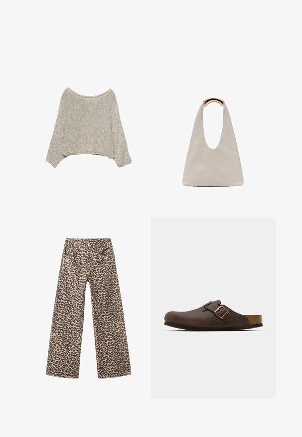Pulover scurt de culoare bej deschis, cu un decolteu larg și lejer și mâneci lungi. Fabricat dintr-un material tricotat texturat cu nuanțe subtile.; Pantaloni evazați din denim, dintr-un material bej cu un model de leopard negru; dispune de cinci buzunare și închidere frontală cu nasture.; Sabot din piele maro, cu o curea lata și o cataramă din cupru, având o tălpiță texturată din plută și o talpă groasă din cauciuc negru.; Geantă din piele gri deschis cu un design în formă de U și un mâner metalic curbat. Textură netedă cu cusături minime și fără modele vizibile.