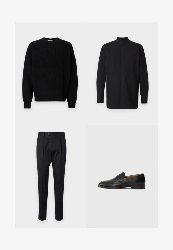 Črn pleteni pulover z rebrasto teksturo, okroglo ovratnikom in spušenimi rameni, ima dolge rokave in sproščen kroj.; Črna majica z dolgimi rokavi in visokim ovratnikom, z ravnim krojem in minimalističnim dizajnom. Tkanina je videti gladka in strukturirana.; Črne hlače iz gladkega materiala, z zavihkom spredaj, gumbom za zapiranje in zvitim robom ob gležnjih.; Črne usnjene loferice z zaobljenim prstom, subtilnim šivanjem in nizkim petam, ki se odlikujejo po gladki teksturi in minimalističnem oblikovanju.