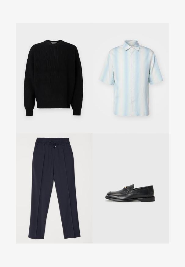 Czarny sweter z dzianiny o żeberkowej teksturze, okrągłym dekolcie i opadłych ramionach, charakteryzujący się długimi rękawami i luźnym krojem.; sandro - Koszula; Granatowe spodnie z elastycznym paskiem i sznurkiem. Posiadają dwa fałdy z przodu oraz zwężane nogawki, co zapewnia zarysowaną sylwetkę.; Czarne skórzane mokasyny mają okrągły nos, przeszycia oraz mały złoty akcent z przodu. Podeszwa jest płaska i dyskretna.
