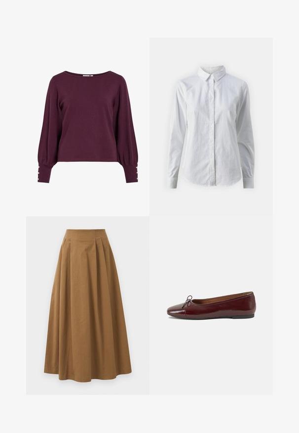 Vīnogu krāsas adīts džemperis ar platu izgriezumu, gariem pūkainiem piedurknēm un pogu akcentiem aprocēs. Mīksta tekstūra un brīvs piegriezums.; Balta pogājamā krekla augšdaļa, izgatavota no gluda kokvilnas, ar klasisku apkakli, garām piedurknēm un izliekto apakšmalu. Pogas ir mazas un baltas.; Brūna kokvilnas A formas svārki ar augstu jostasvietu, kurai priekšā ir krokas un gluda tekstūra. Apakšmala ir tīra un vienkārša.; Burgundijas laku ādas baleta kurpes ar noapaļotu purngalu, nelielu loku akcentu priekšā un zemu melnu gumijas zoli. Gluda tekstūra.