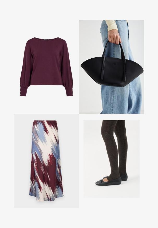 Bordowy sweter z dzianiny z szerokim dekoltem, długimi balonowymi rękawami i guzikami przy mankietach. Miękka tekstura i luźny krój.; Długa spódnica z skośnym wzorem tie-dye w kolorach burgundowym, niebieskim i kremowym, wykonana z miękkiego materiału o płynnej sylwetce i delikatnym połysku.; Czarne płaskie buty z małym kokardkowym detalem na palcach, zestawione z ciemnobrązowymi rajstopami w prążki. Buty mają gładką teksturę i niski profil.; Czarna skórzana torebka w unikalnym kształcie wachlarza, z płaskimi uchwytami. Powierzchnia ma fakturę kamyków i minimalistyczny design.
