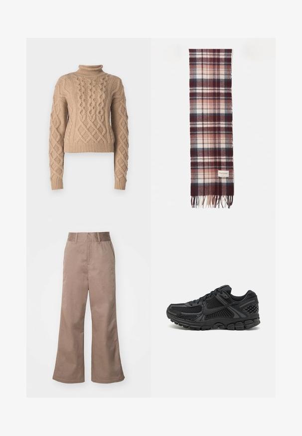 HUGO SAVENIA - Pullover - open brown; Pantalons en coton marron à jambes larges avec taille haute, poches avant et texture lisse. L'ourlet est légèrement évasé.; Chaussure de sport noire avec tige en mesh, semelle en caoutchouc et accents texturés. Le design comprend un système de laçage prononcé et une semelle rembourrée.; Écharpe à carreaux dans des tons bordeaux, crème et bleu, fabriquée en tissu doux. Édition avec des franges sur les bords et une petite étiquette de marque.