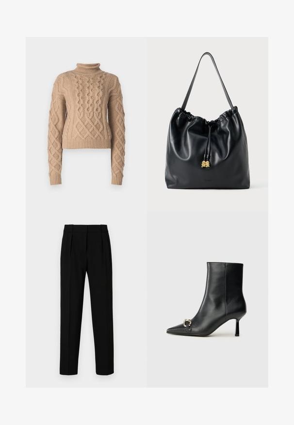 HUGO SAVENIA - Jumper - open brown; Black tailored trousers with a straight fit, pleated front, polished fabric, and a medium waistband. No visible pockets or hardware details.; Black leather ankle boot with pointed toe, slim mid-height heel, and silver buckle detail on side against plain background.; Black leather drawstring bag with a smooth texture, gathered top, and subtle gold hardware. Features a single sturdy strap and embossed logo.