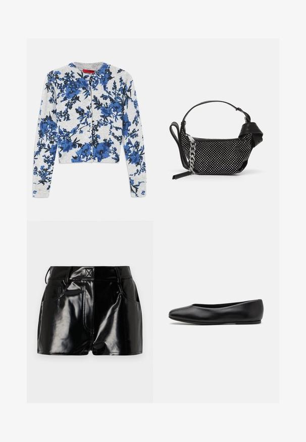 Cardigan buttonato grigio chiaro con maniche lunghe, caratterizzato da un motivo floreale blu e nero e polsini a costine.; Shorts neri e lucidi realizzati in materiale sintetico. Presentano una vita aderente, passanti per la cintura e tasche frontali con evidenti dettagli di cucitura.; Paul Smith TOPANGA - Ballerine - black; Borsa nera con decorazioni a borchie, una tracolla a catena e un manico in pelle liscia, dalla forma rotonda e con scomparto con zip.