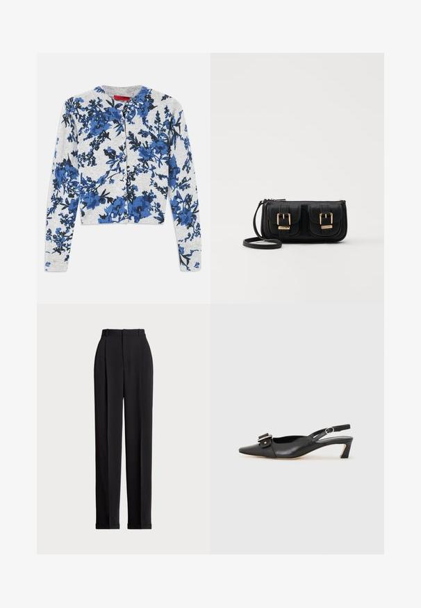 Lichtgrijze button-up cardigan met lange mouwen, voorzien van een blauw en zwart bloemenpatroon en geribbelde manchetten.; Zwarte op maat gemaakte broek met een hoge taille, voorzien van plooien aan de voorkant, een recht gesneden ontwerp en een omslagrand. Gemaakt van een soepele stof.; Zwarte leren slingback schoen met scherpe neus, kleine hak en decoratieve gespdetails op de bovenkant. Stijlvolle textuur, minimalistisch ontwerp.; Zwarte leren schoudertas met twee vo pockets, gouden gespen, ritsluiting en een smalle band. Tekstuur oppervlak en compacte rechthoekige vorm.