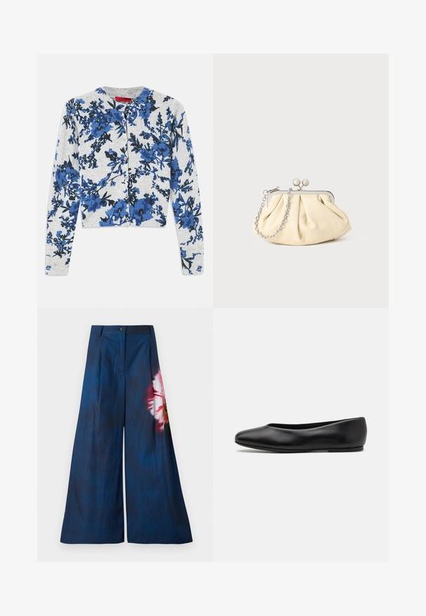 Lys grå cardigan med knapper og lange ærmer, der har et blåt og sort blomster mønster samt ribbede manchetter.; Breddebenede bukser i mørk marineblå stof, med et blomsterprint i pink og gul på den ene side, samt en knaplukning ved taljen.; Paul Smith TOPANGA - Ballerinasko - black; Plisseret beige læderclutch med en sølvmetalramme, der har to runde dekorative låse og en sølvkædetrasporte.