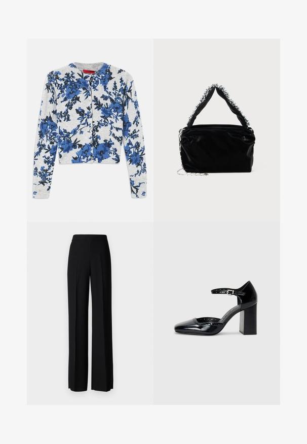 Gaiši pelēks pogājamais kardigāns ar garām piedurknēm, kuram ir zila un melna ziedu raksts un ribotas aproces.; Melni platleği bikses ar gludu tekstūru, ar augstu jostasvietu un centrālajām krokām. Nav redzamu rakstu vai aparatūras detaļu.; Melna lakota ādas augstpapēžu kurpes ar kvadrātu purngalu, potītes siksniņu un masīlu papēdi. Iekļauj perforētu apdari gar malu.; Melnā mākslīgās ādas rokassomu ar teksturētu apdari, kas piedāvā pērlītēm rotātu sudraba akcentu augšējā rokturī un ķēdes siksnu.