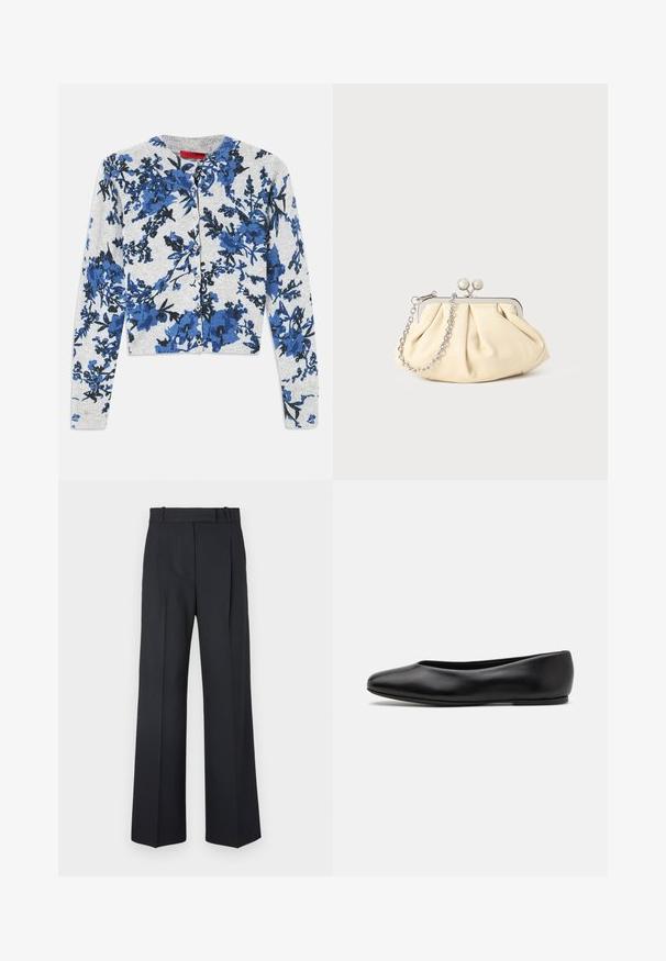Lichtgrijze button-up cardigan met lange mouwen, voorzien van een blauw en zwart bloemenpatroon en geribbelde manchetten.; Donkerblauwe pinstriped broek met een hoge taille, wijde pijpen en zonder zichtbare hardware of versieringen. Glad textuur en nauwkeurige pasvorm.; Paul Smith TOPANGA - Ballerina's - black; Geplooide beige leren clutch met een zilveren metalen frame, voorzien van twee ronde decoratieve sluitingen en een zilveren kettingriem.