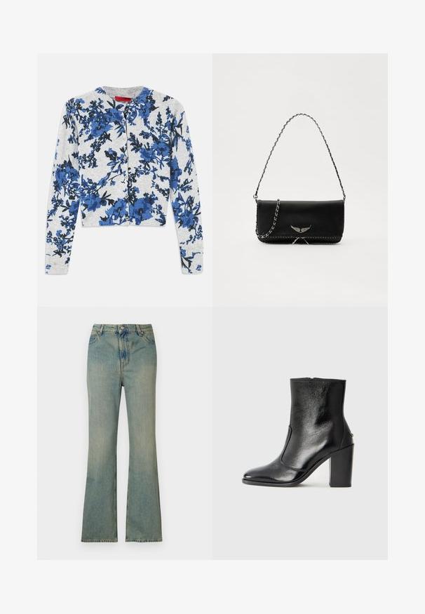 Hele halli nööbitav kardigan pikkade varrukatega, millel on sinise ja musta lilleline muster ning soonikkoes varrukasuud.; Heled sinised jilidööd, kõrge vöökoht, viie tasku ja luku tõmblukk. Puhtad, tuhmunud viimistlusega ja peentel õmblustega.; Must kõvale nahast pahklipsu saapad, millel on sile tekstuur, terav varvas ja paks kõrge kann. Omab külgavatust ja minimalistlikku disaini.; Mustvalge nahk käekott hõbedase ahelsanga ja dekoratiivsete tiivaaktsentidega, samuti valgete õmblustega alumises ühenduses.