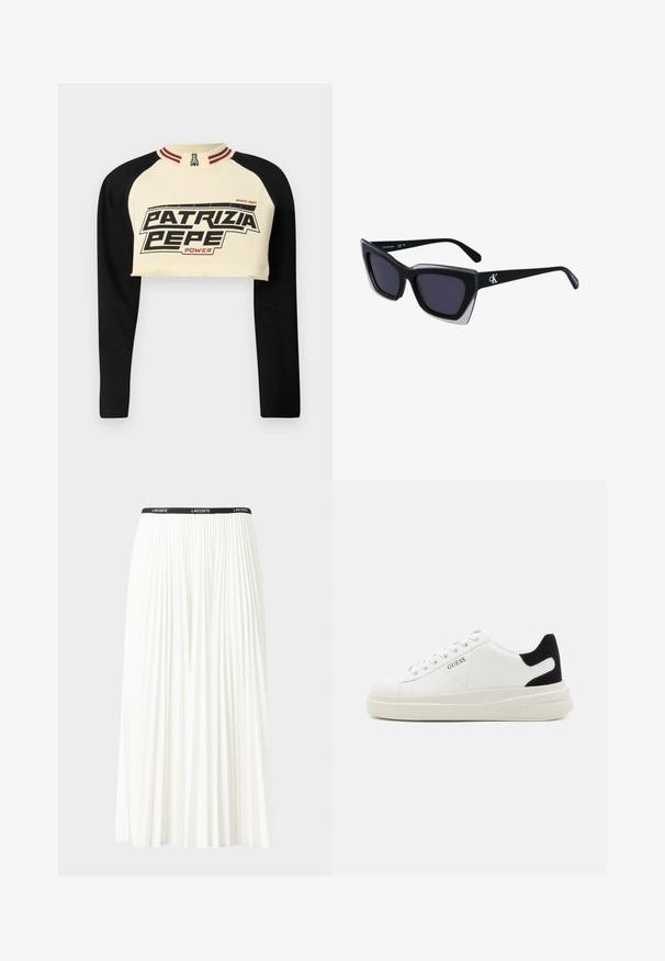 Krátka mikina v krémovej a čiernej farbe s dlhými rukávmi. Obsahuje výrazný grafický potlač "PATRIZIA PEPE POWER" a pruhovaný golier.; Plisovaná biela sukňa s čiernym elastickým pásom s logom "LACOSTE". Sukňa je stredne dlhá a má mäkkú textúru.; Biele kožené tenisky s hrubou bielou podrážkou, čiernym zamekom na päte a vyrazeným logom na boku. Šnurovací dizajn so šiestimi očkami.; Čierne oversized slnečné okuliare s geometrickým tvarom, s tmavými šošovkami a kontrastným šedým detailom na ráme. Logo na mostíku.