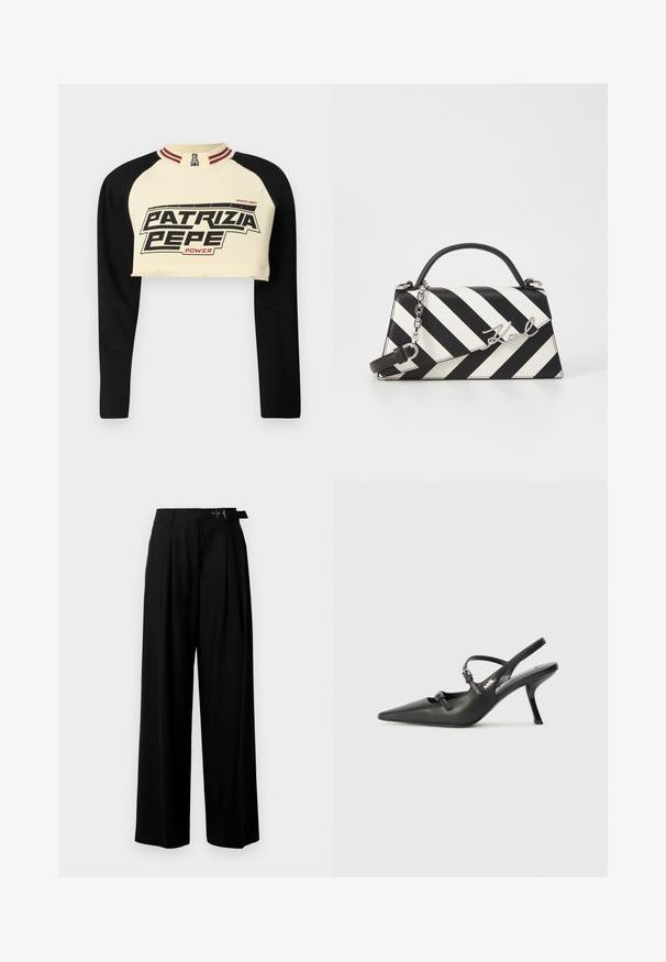 Kreemja ja musta värvi lühike dressipluus, millel on pikad varrukad. Esiküljel on julgelt trükitud "PATRIZIA PEPE POWER" ning triibuline kaeluse detail.; Mustad kõrge vöökohaga mustad laiad püksid, millel on ees voldid ja vöö, millel on pandla. Valmistatud siledast ja kergest kangast.; Must musta slingback kontsad, terava nina, peenike konts ja dekoratiivne pandla detail peal. Sile tekstuur ja stiilne disain.; Mustriga musta ja valgega käekott, millel on struktureeritud kuju, pehme käepide, eemaldatav ahelriba ja metallist logo aktsent.