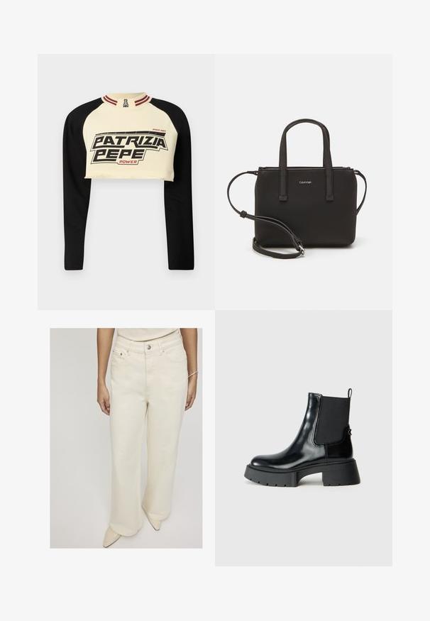 Skórzana bluza z krótkim rękawem w kolorze kremowym i czarnym, z długimi rękawami. Posiada odważny nadruk graficzny "PATRIZIA PEPE POWER" oraz szczegół w postaci paskowego kołnierza.; Beżowe dżinsy o szerokich nogawkach, wykonane z denimu, z wysokim stanem, przednimi kieszeniami i zapięciem na jeden guzik, dla luźnego dopasowania.; Czarne botki za kostkę z błyszczącej skóry, z elastycznymi panelami bocznymi, pętelką do zakładania i masywną gumową podeszwą z teksturowanym wzorem bieżnika.; Czarna torebka z dwoma krótkimi uchwytami i odpinanym paskiem na ramię. Gładki materiał przypominający skórę, z zamkiem błyskawicznym i detalem z logo.