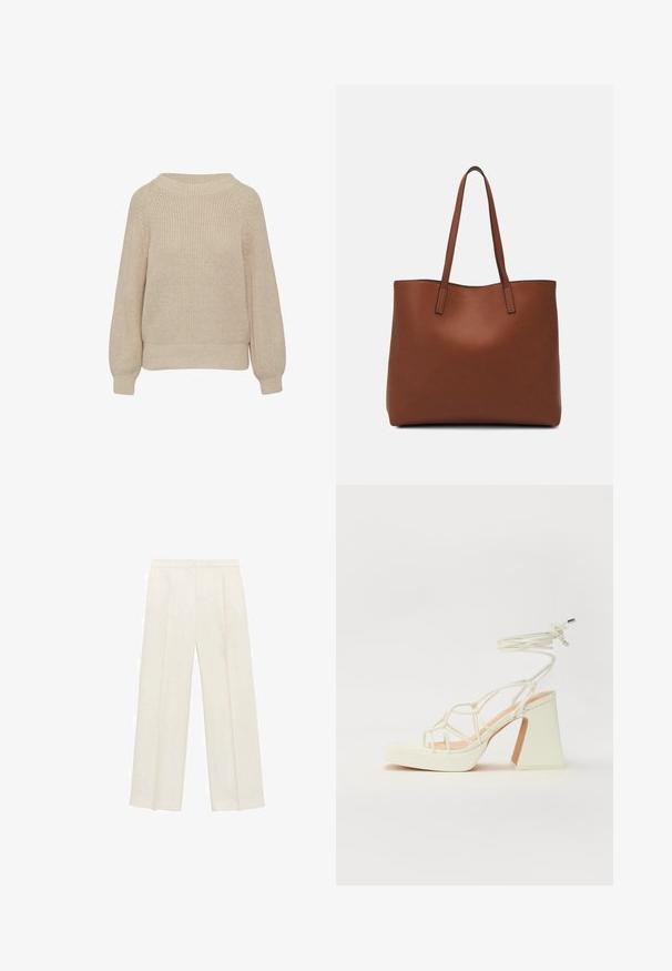 Beige Strickpullover mit Rundhalsausschnitt, langen Ärmeln und gerippten Bündchen. Verfügt über ein strukturiertes Muster und eine lockere Passform.; Weit geschnittene Hosen in einem hellen cremefarbenen Farbton. Hergestellt aus einem glatten Stoff mit Falten an der Vorderseite und seitlichen Taschen.; Weiße High-Heel-Sandale mit einem klobigen Absatz, die über ein Riemchendesign und ein Knöchelband verfügt. Glatte Textur mit einer Plattform vorne für zusätzliche Höhe.; Braune Leder-Tote mit glatter Textur, offenem Oberteil und zwei Schulterriemen. Verfügt über minimale Nähte und keine sichtbaren Beschläge.